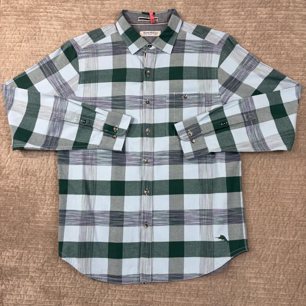 Tommy Bahama Mens Canyon Beach Flannel Green Plaid Button Down Shirt Large L